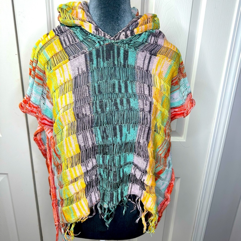 Sparrow Colorful Knit Hooded‎ Poncho Sweater XS Boho Fringe Festival Vibes